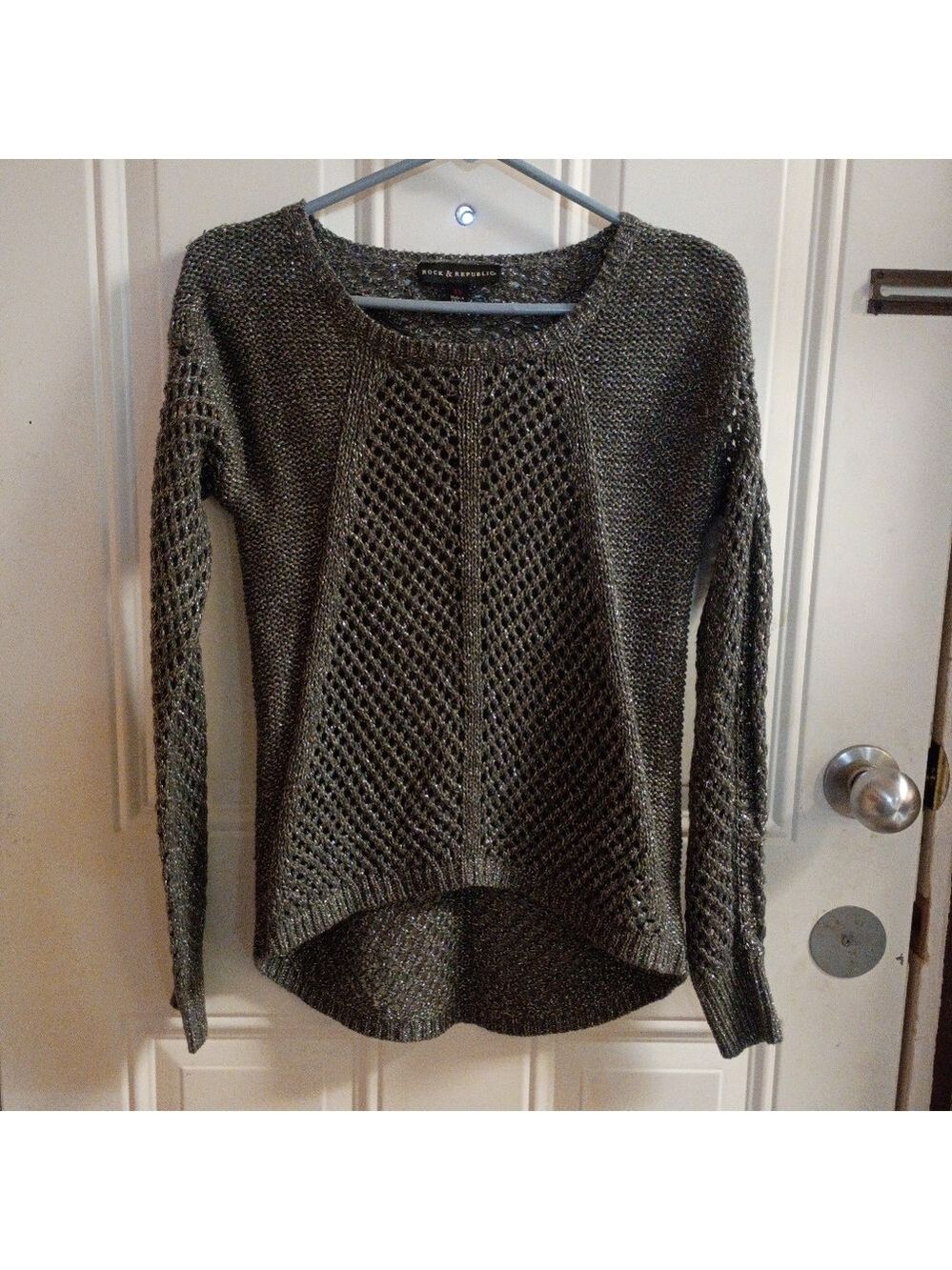 2/$10 Rock And Republic Open-Knit High-Low Sweater Dark Grey Metallic Silver  XS